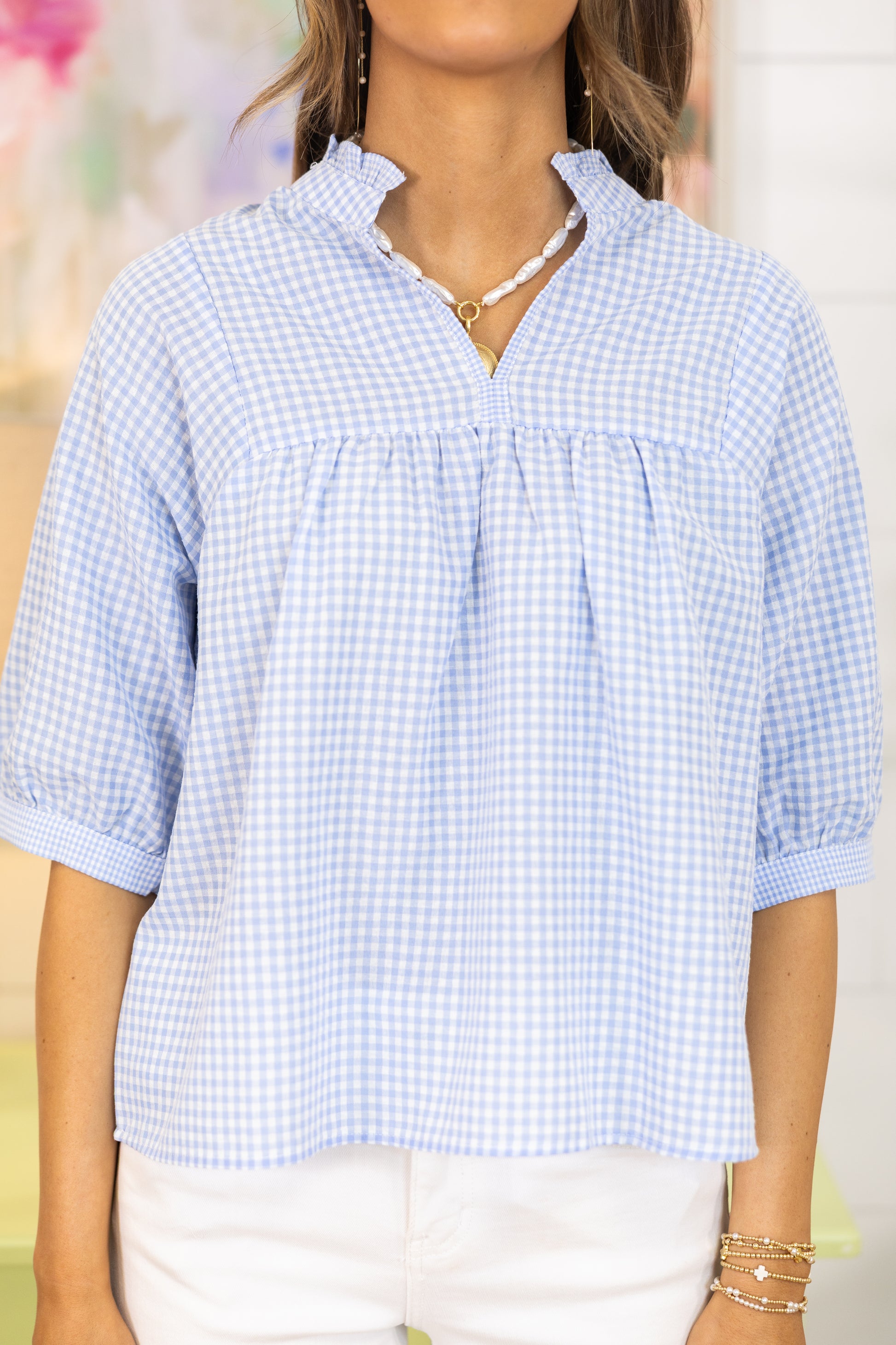 Check Please Blouse-3/4 Sleeves-Wishlist-The Village Shoppe, Women’s Fashion Boutique, Shop Online and In Store - Located in Muscle Shoals, AL.