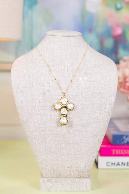 Unconditional Love Pearl Cross Necklace-Necklaces-Golden Stella-The Village Shoppe, Women’s Fashion Boutique, Shop Online and In Store - Located in Muscle Shoals, AL.