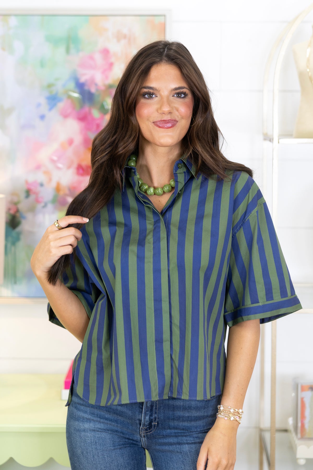 The Griffin Button-Down-Short Sleeves-Glam-The Village Shoppe, Women’s Fashion Boutique, Shop Online and In Store - Located in Muscle Shoals, AL.
