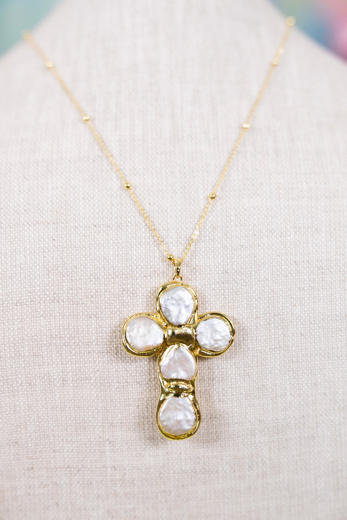 Unconditional Love Pearl Cross Necklace-Necklaces-Golden Stella-The Village Shoppe, Women’s Fashion Boutique, Shop Online and In Store - Located in Muscle Shoals, AL.