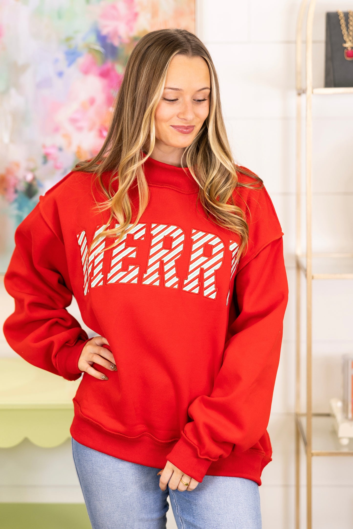 The Merry Mockneck-Sweatshirt-Bucketlist-The Village Shoppe, Women’s Fashion Boutique, Shop Online and In Store - Located in Muscle Shoals, AL.