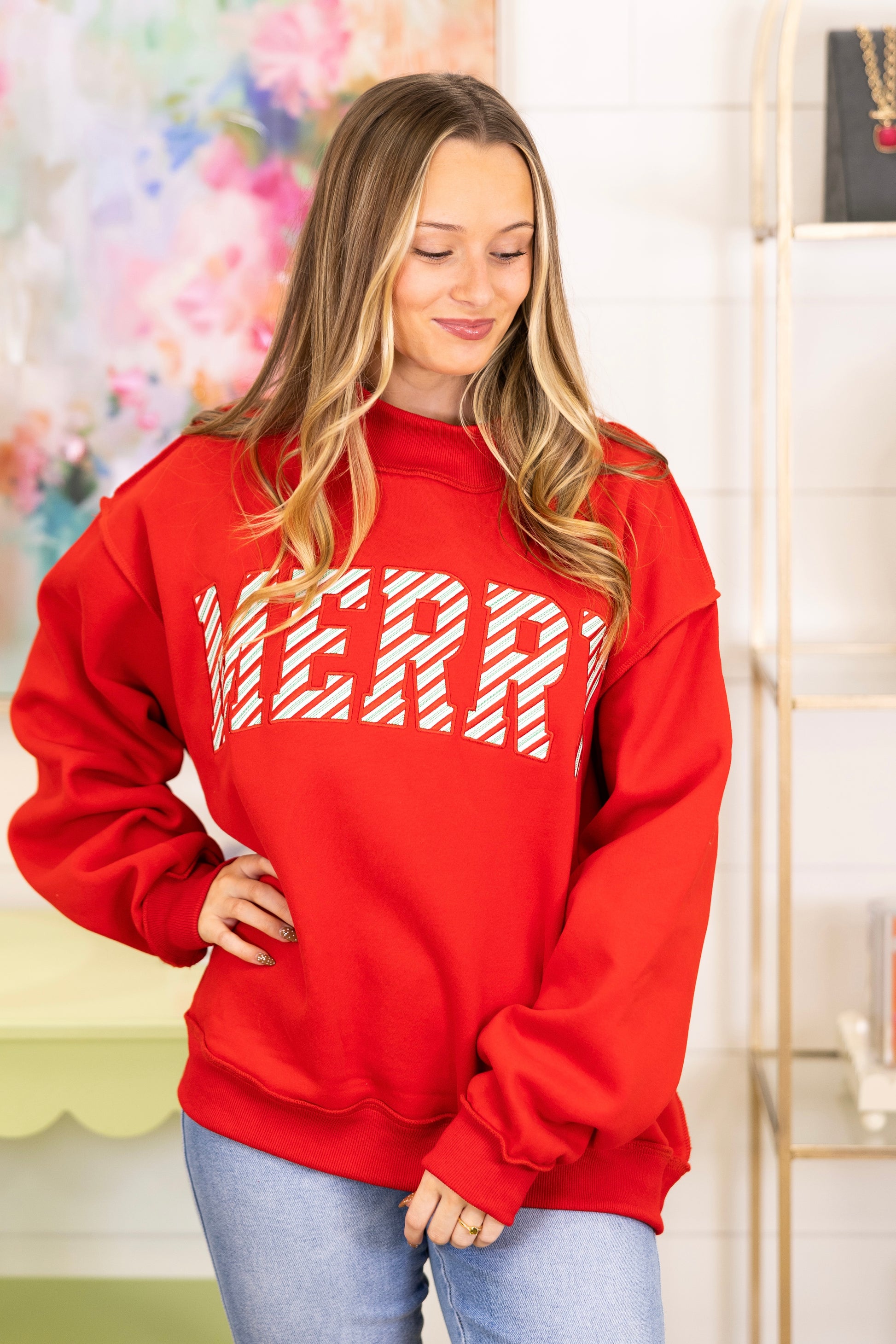The Merry Mockneck-Sweatshirt-Bucketlist-The Village Shoppe, Women’s Fashion Boutique, Shop Online and In Store - Located in Muscle Shoals, AL.