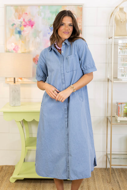 Slow Sunday Denim Dress-Midi Dress-Entro-The Village Shoppe, Women’s Fashion Boutique, Shop Online and In Store - Located in Muscle Shoals, AL.