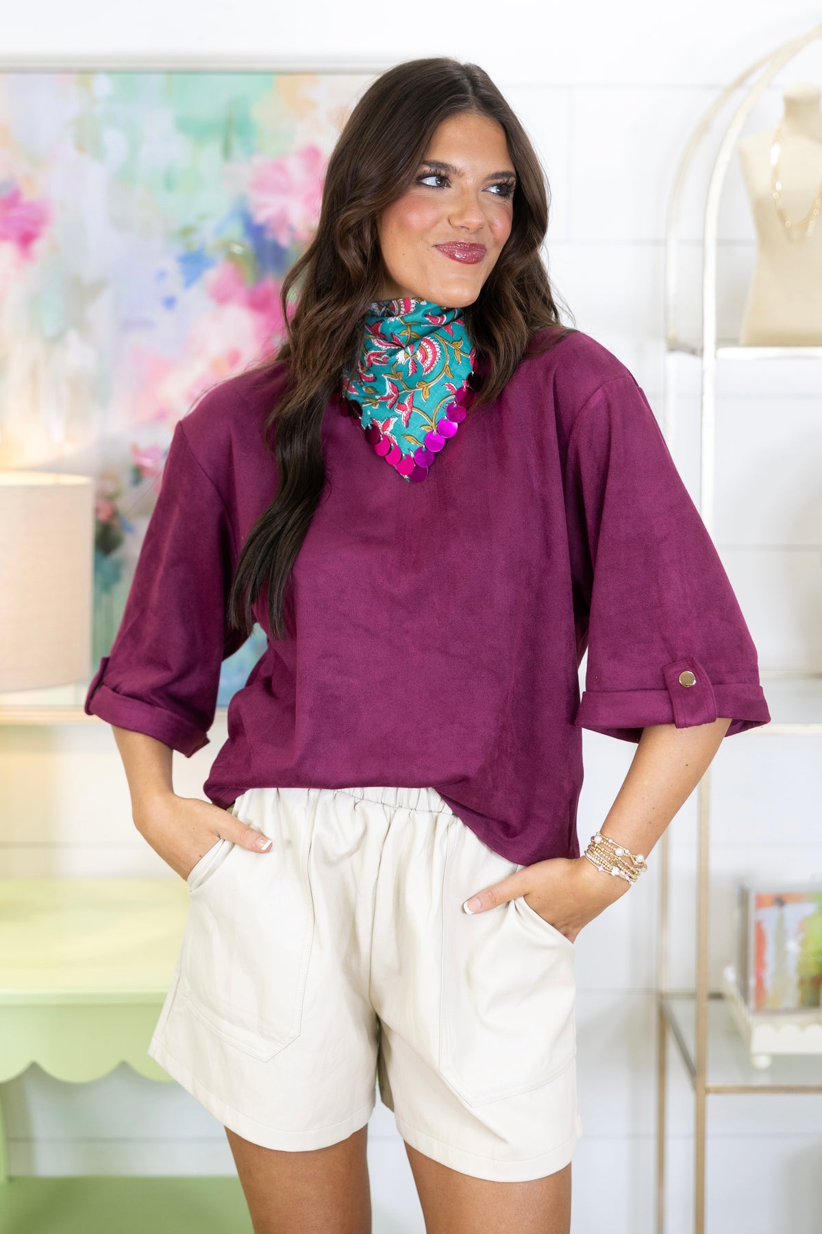 Simple Times Suede Top-3/4 Sleeves-Glam-The Village Shoppe, Women’s Fashion Boutique, Shop Online and In Store - Located in Muscle Shoals, AL.
