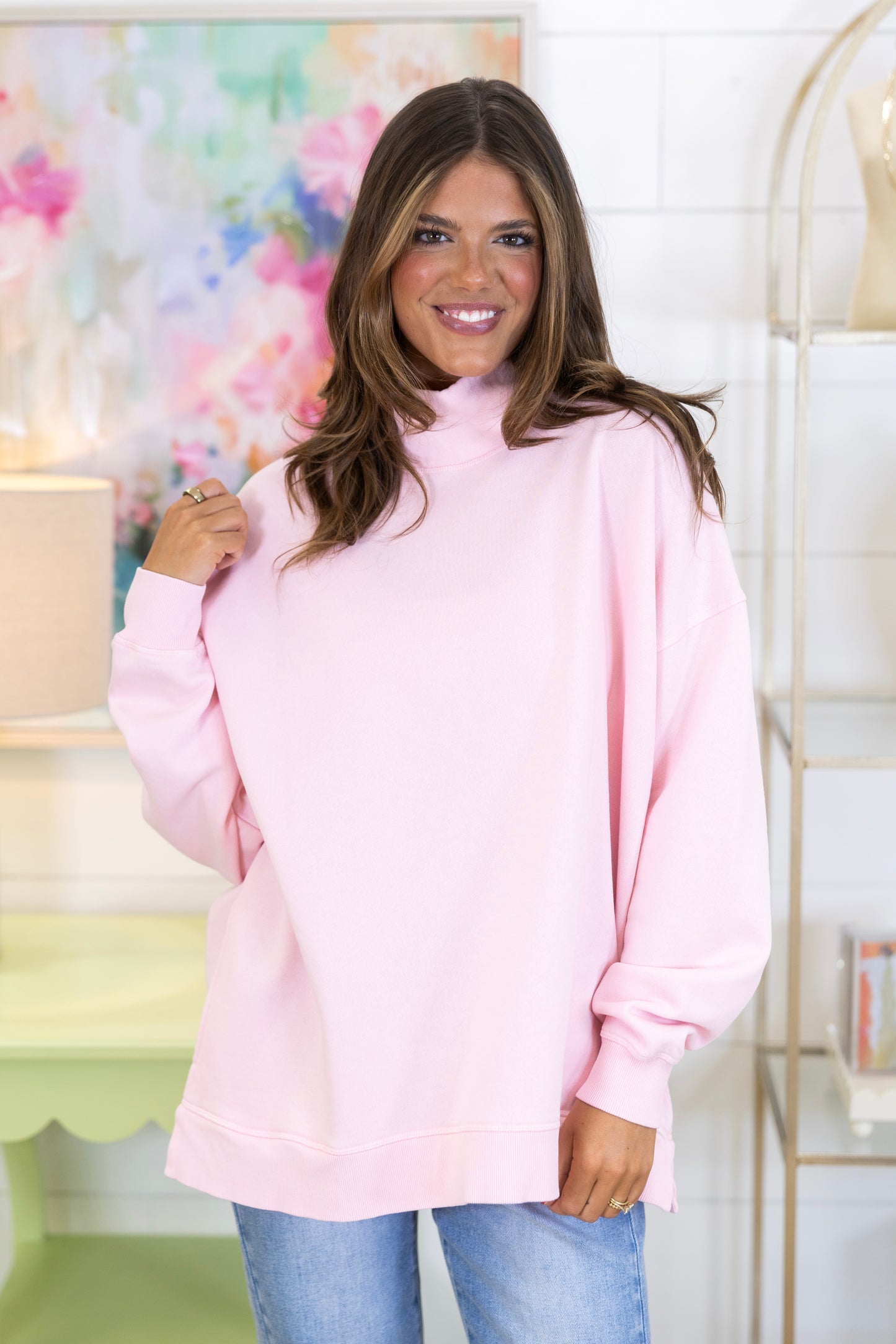In for the Night Mockneck-Sweatshirt-Peach Love California-The Village Shoppe, Women’s Fashion Boutique, Shop Online and In Store - Located in Muscle Shoals, AL.