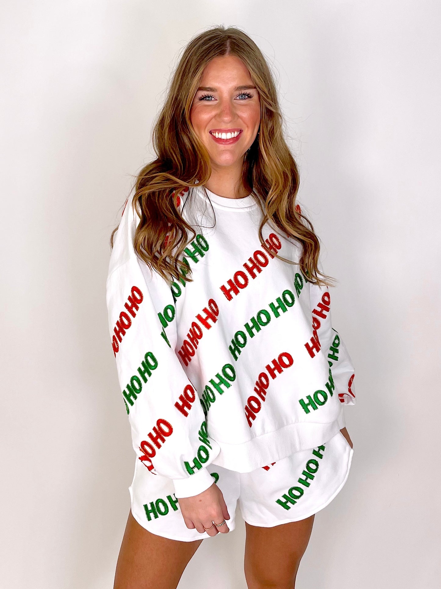 Ho Ho Ho Sweatshirt | Queen of Sparkles-Sweatshirt-Queen of Sparkles-The Village Shoppe, Women’s Fashion Boutique, Shop Online and In Store - Located in Muscle Shoals, AL.