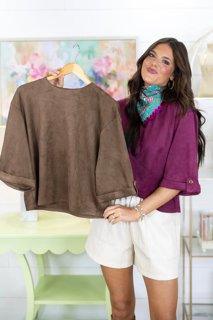Simple Times Suede Top-3/4 Sleeves-Glam-The Village Shoppe, Women’s Fashion Boutique, Shop Online and In Store - Located in Muscle Shoals, AL.