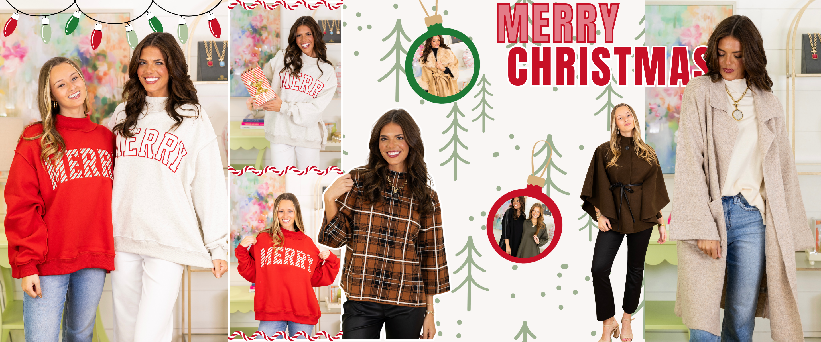 Festive holiday collage featuring women modeling cozy Christmas outfits from Village Shoppe Online. Includes oversized red and cream sweatshirts with ‘MERRY’ lettering, a brown plaid top, a taupe open-front coat, and a brown cape-style poncho with a bow tie. The background is decorated with Christmas lights, candy cane borders, and green tree illustrations with ornament photo frames. The words ‘Merry Christmas’ appear in bold red text at the top