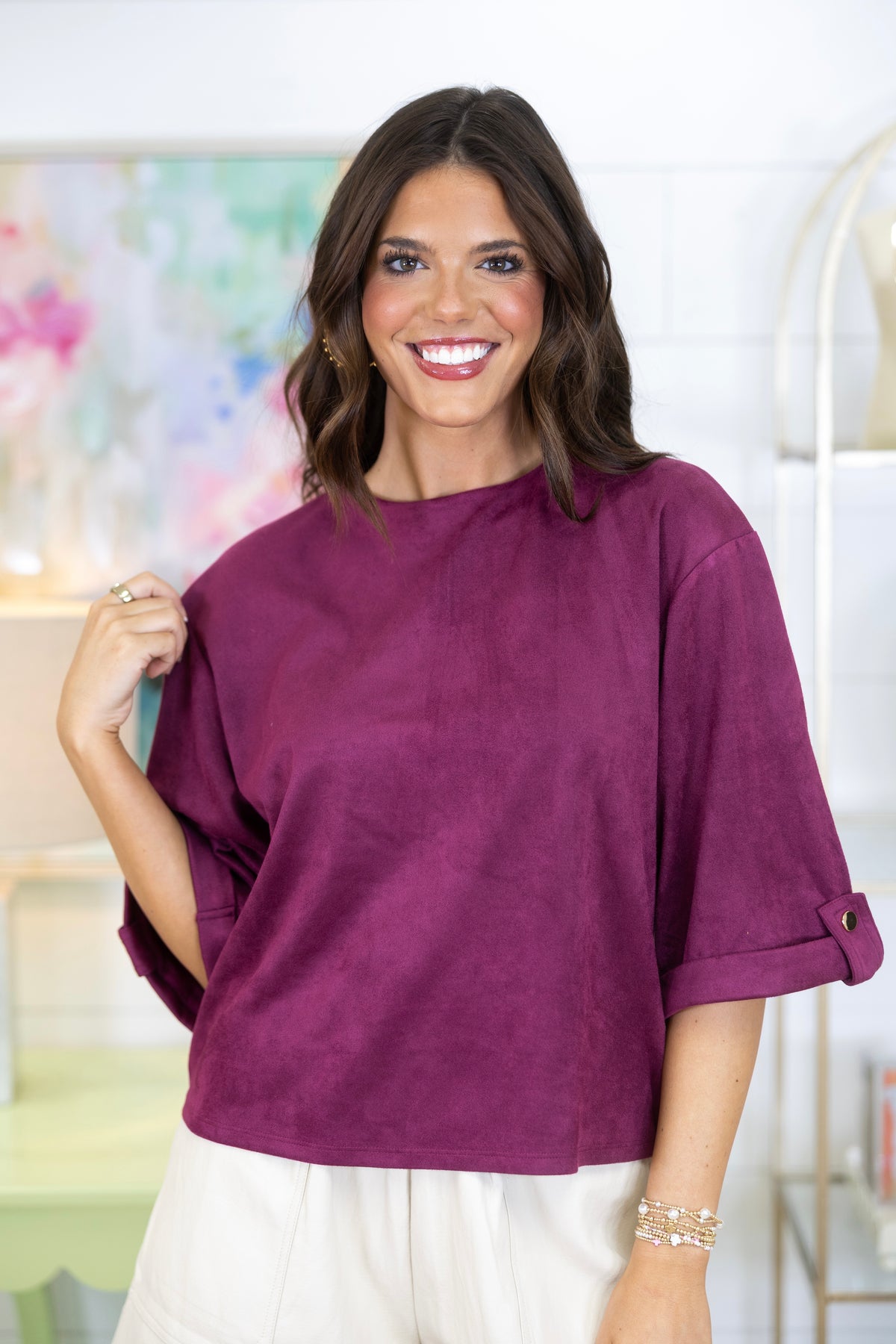 Simple Times Suede Top-3/4 Sleeves-Glam-The Village Shoppe, Women’s Fashion Boutique, Shop Online and In Store - Located in Muscle Shoals, AL.