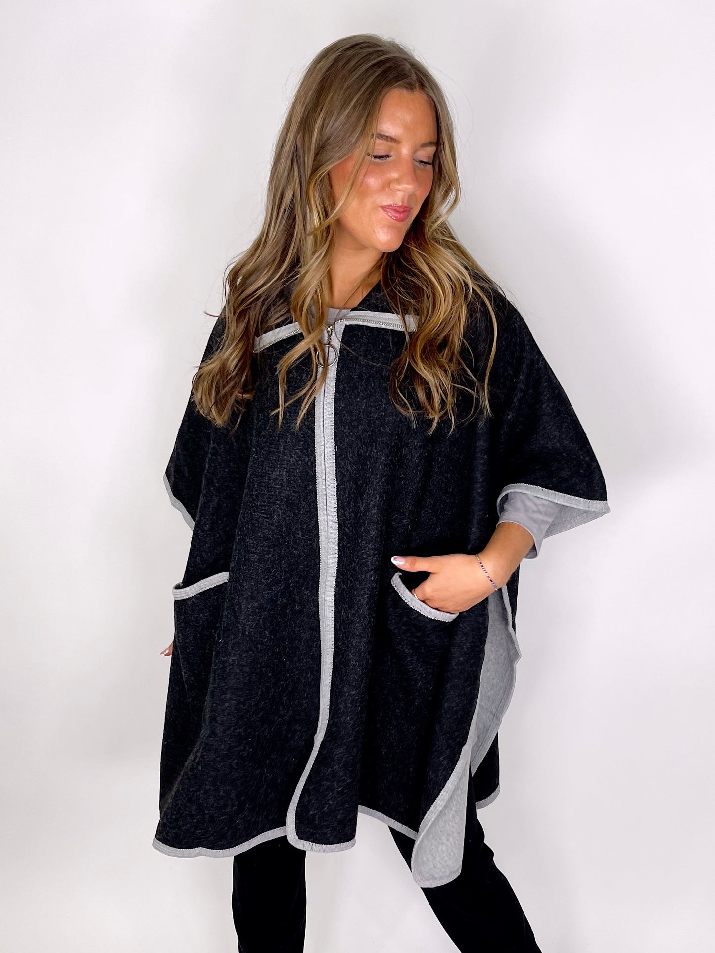 The Adrienne Front Zip Poncho-Poncho-Coco + Carmen-The Village Shoppe, Women’s Fashion Boutique, Shop Online and In Store - Located in Muscle Shoals, AL.