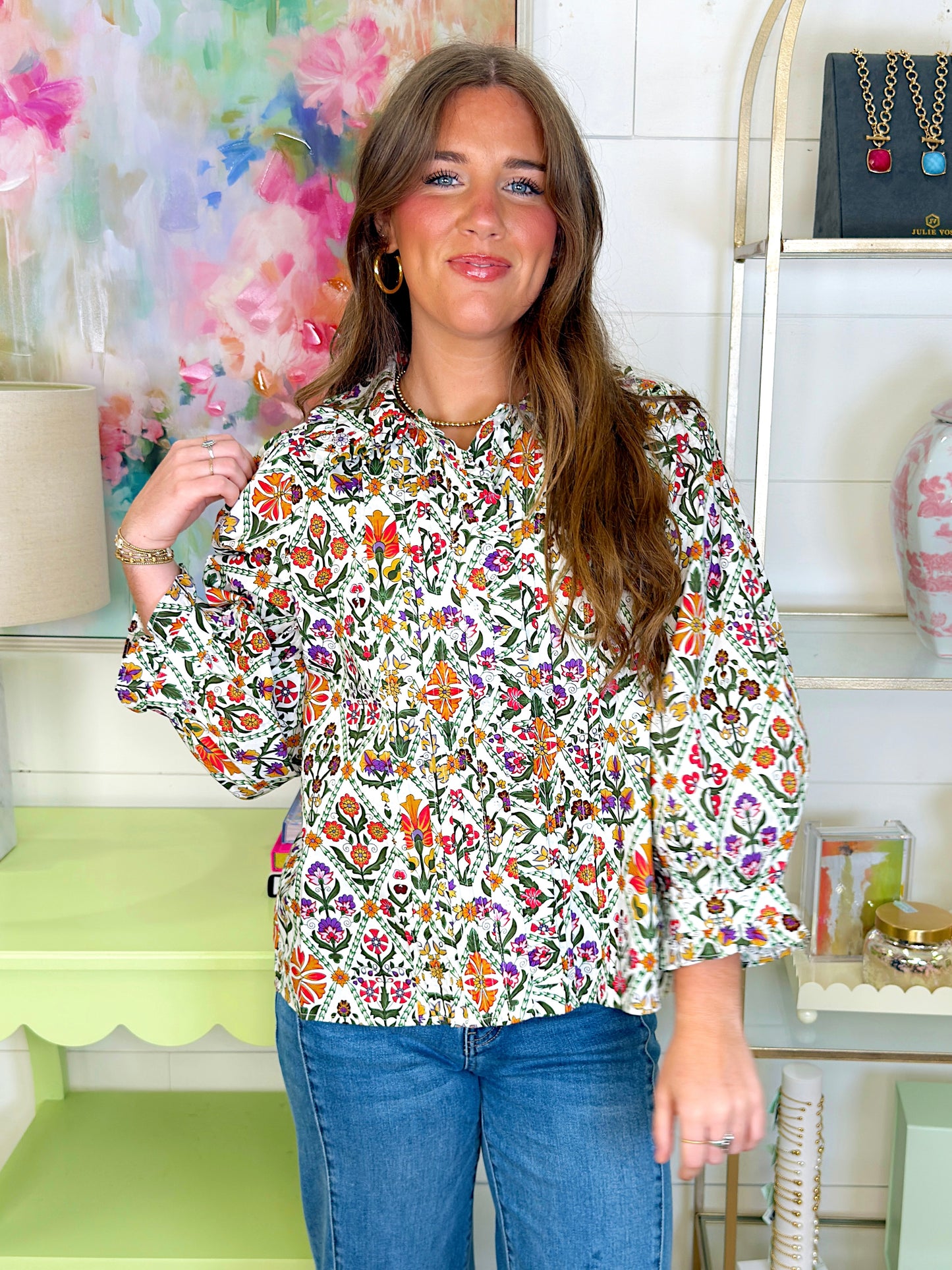 Garden Gate Blouse-3/4 Sleeves-Entro-The Village Shoppe, Women’s Fashion Boutique, Shop Online and In Store - Located in Muscle Shoals, AL.