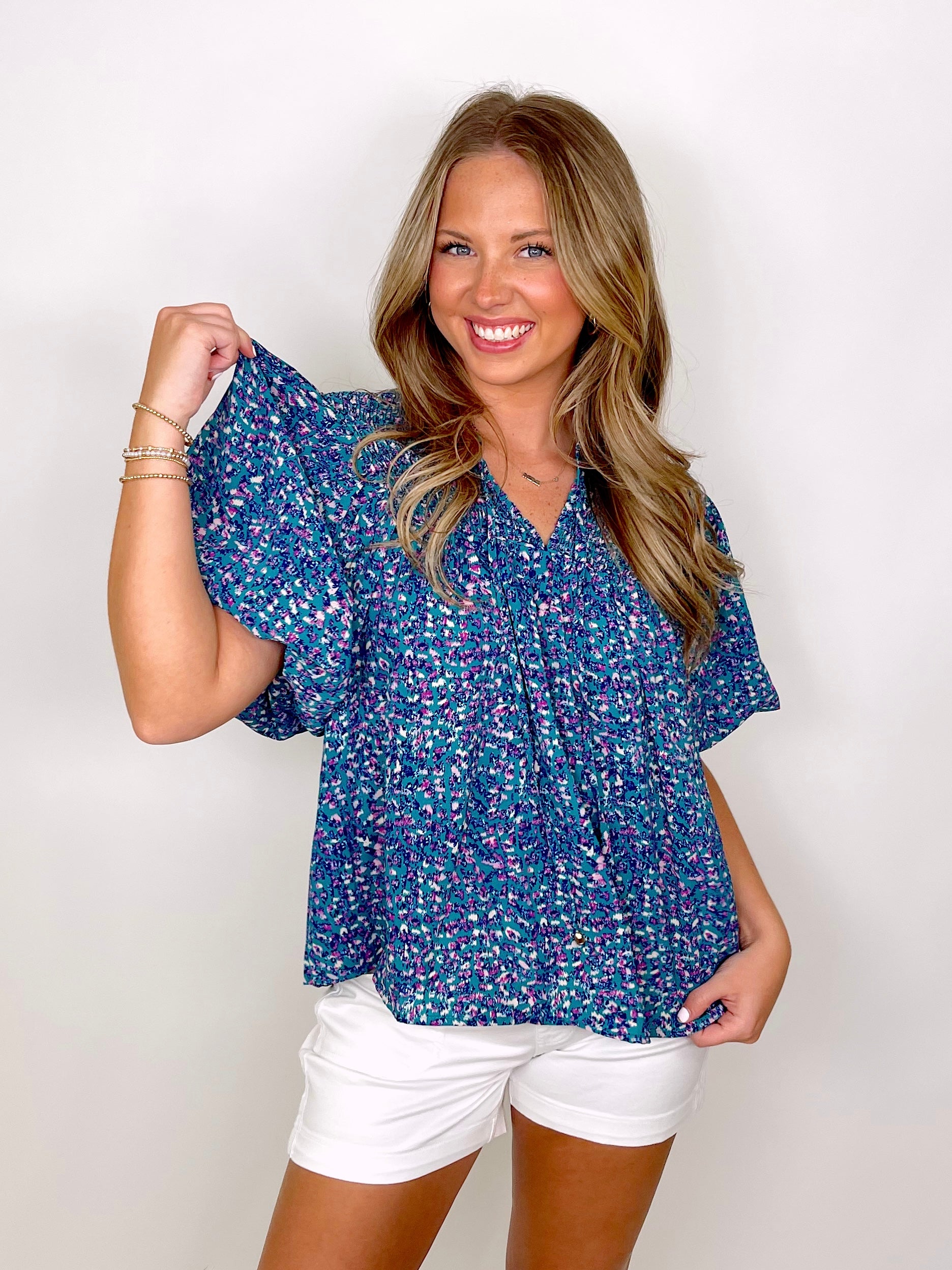 The Leilani Blouse-Short Sleeves-Entro-The Village Shoppe, Women’s Fashion Boutique, Shop Online and In Store - Located in Muscle Shoals, AL.