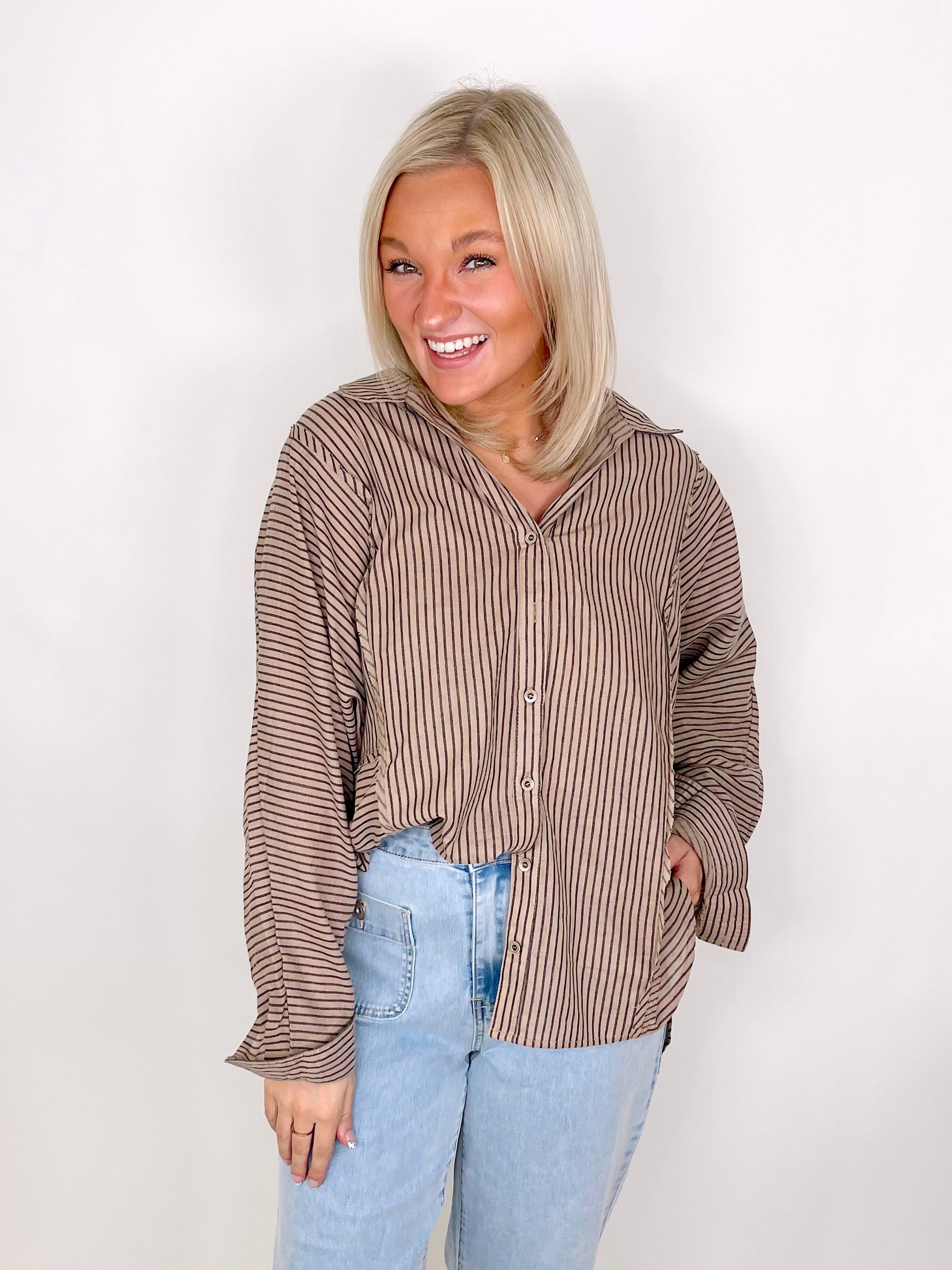 The Abigail Pinstripe Button Down-Long Sleeves-Aemi + Co-The Village Shoppe, Women’s Fashion Boutique, Shop Online and In Store - Located in Muscle Shoals, AL.