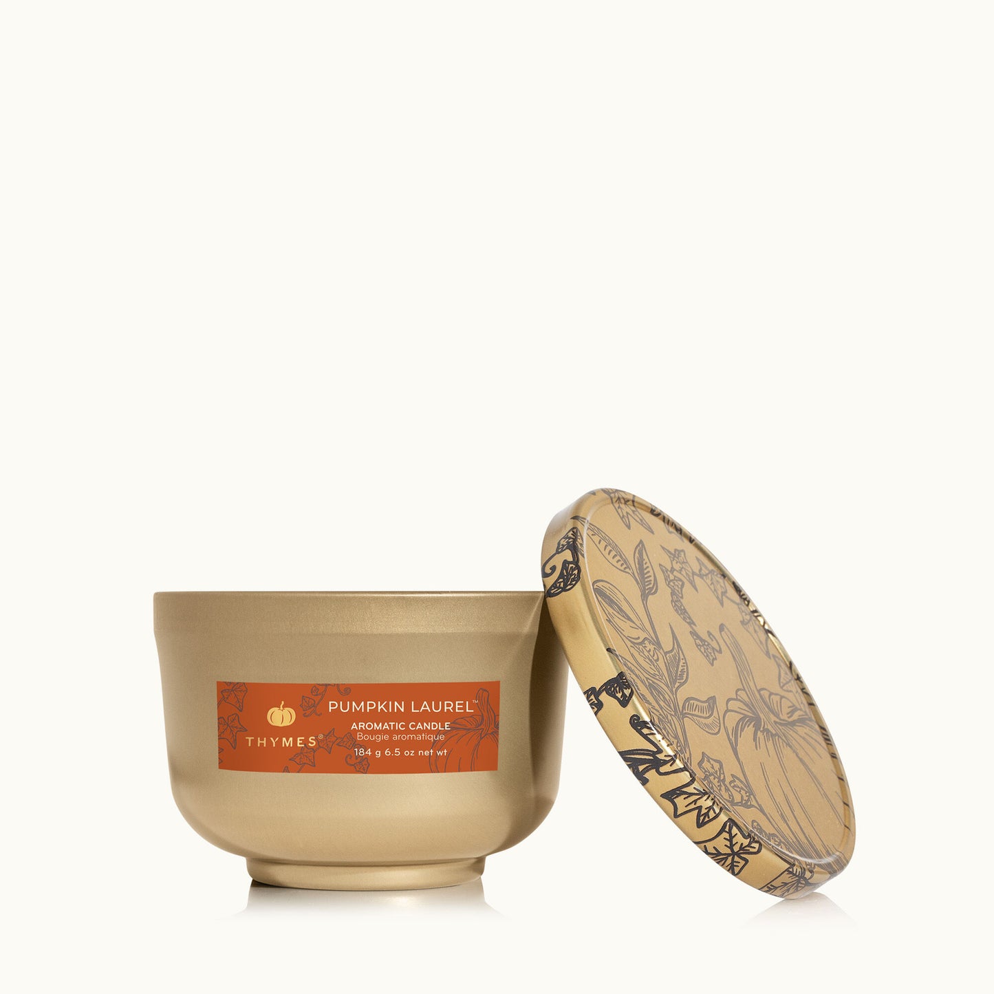 Thymes Pumpkin Laurel Candle Tin with Gold Lid-Candles-Thymes-The Village Shoppe, Women’s Fashion Boutique, Shop Online and In Store - Located in Muscle Shoals, AL.