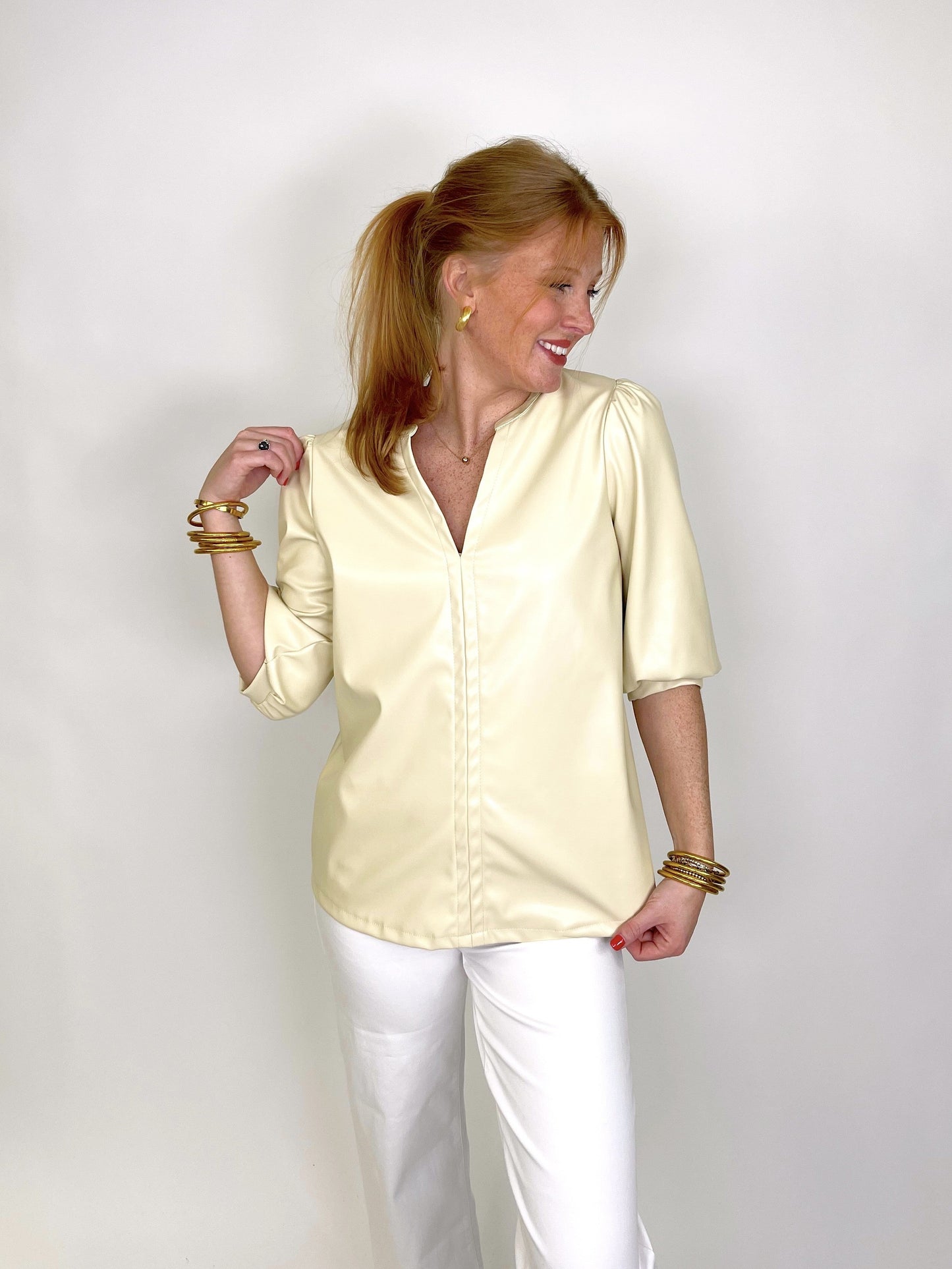 The Dianna Faux Leather Top-Short Sleeves-First Love-The Village Shoppe, Women’s Fashion Boutique, Shop Online and In Store - Located in Muscle Shoals, AL.